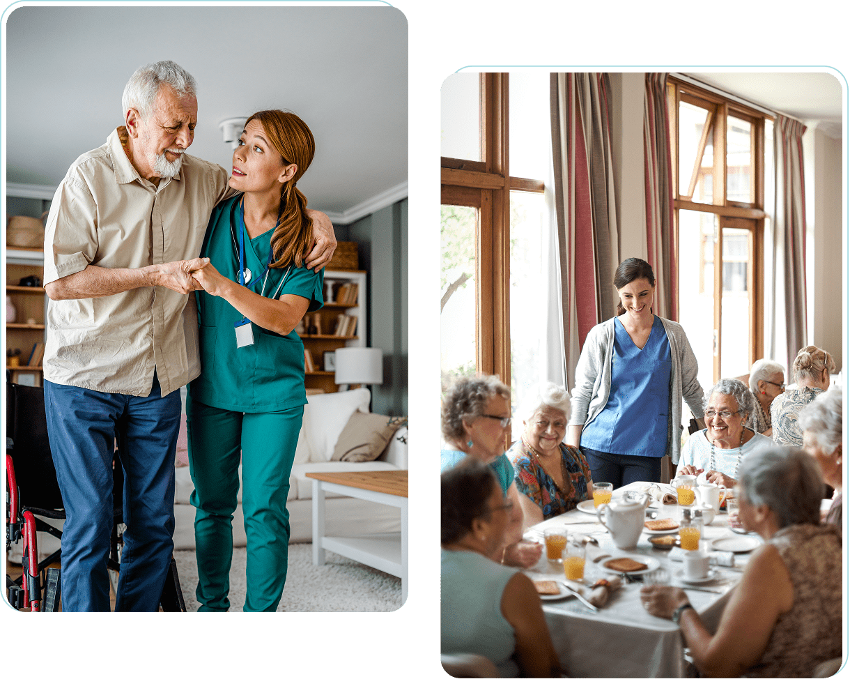 Caregiver assisting elderly man; group dining together.