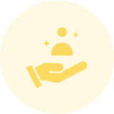 Hand holding person icon on beige background.